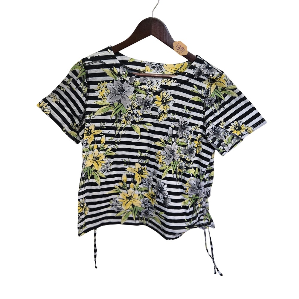 Alfred Dunner Petite Floral Striped Studded Top Yellow Black White PL